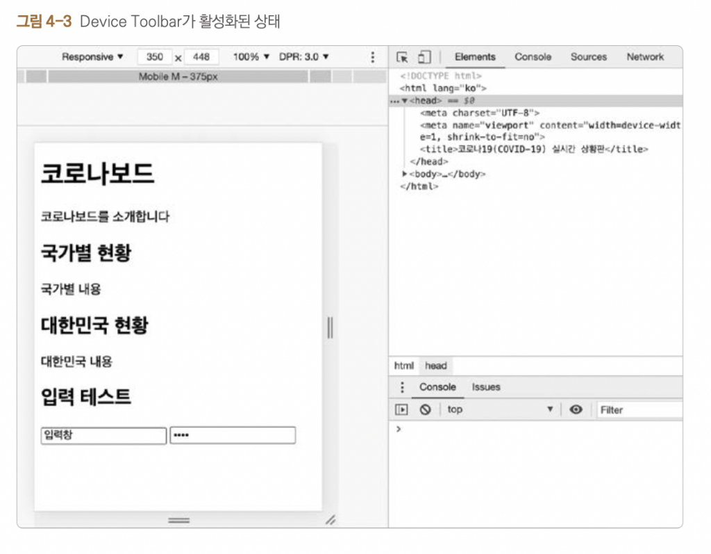 [그림 4-3] Device Toolbar가 활성화된 상태