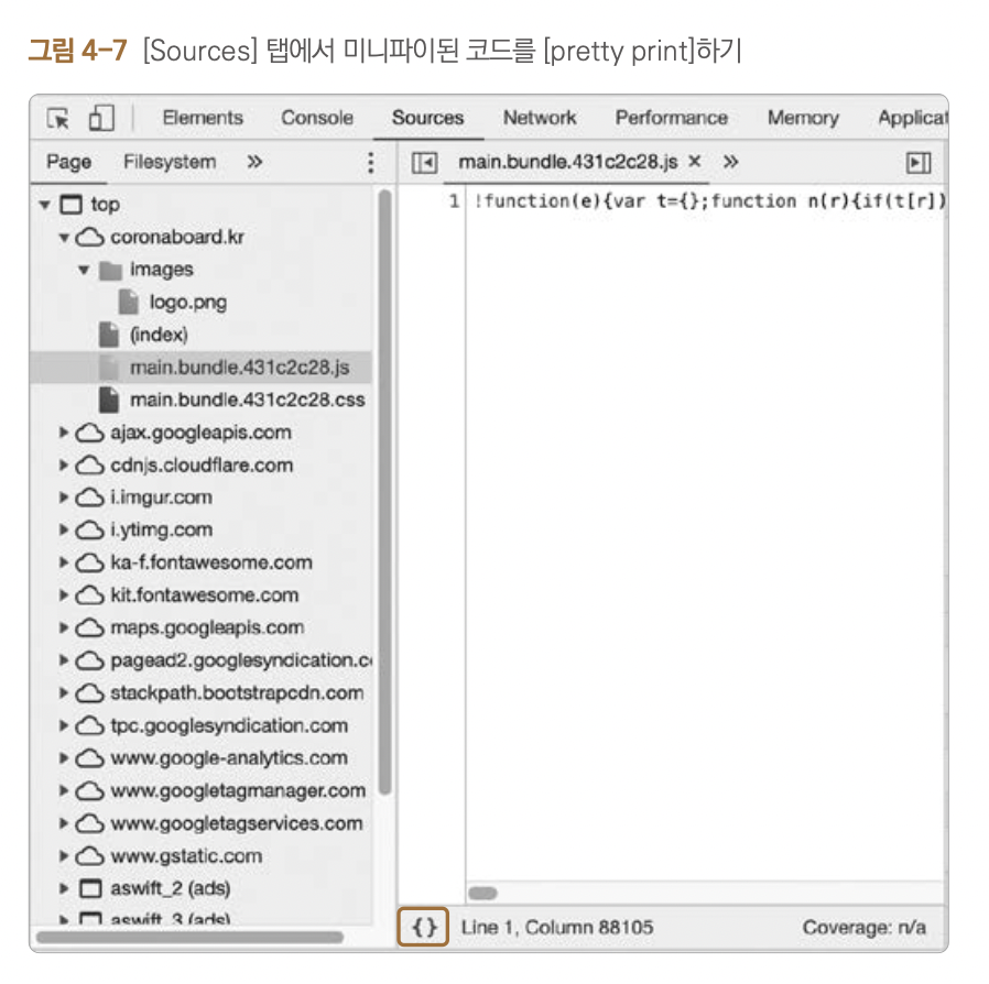 [그림 4-7] [Sources] 탭에서 미니파이된 코드를 pretty print하기